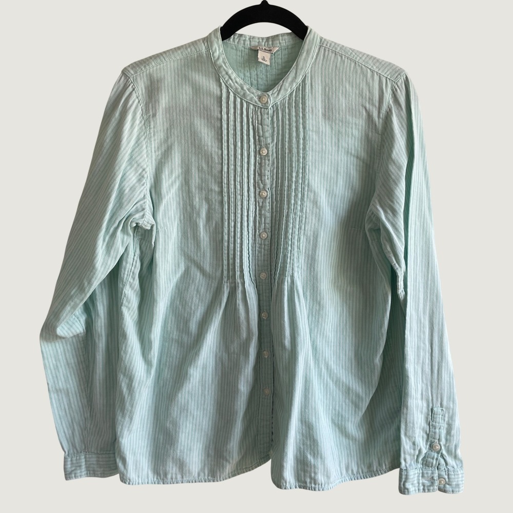 LL Bean Button Up Women S Mint Green Pinstripe Pintuck Cotton Gauze Band Collar